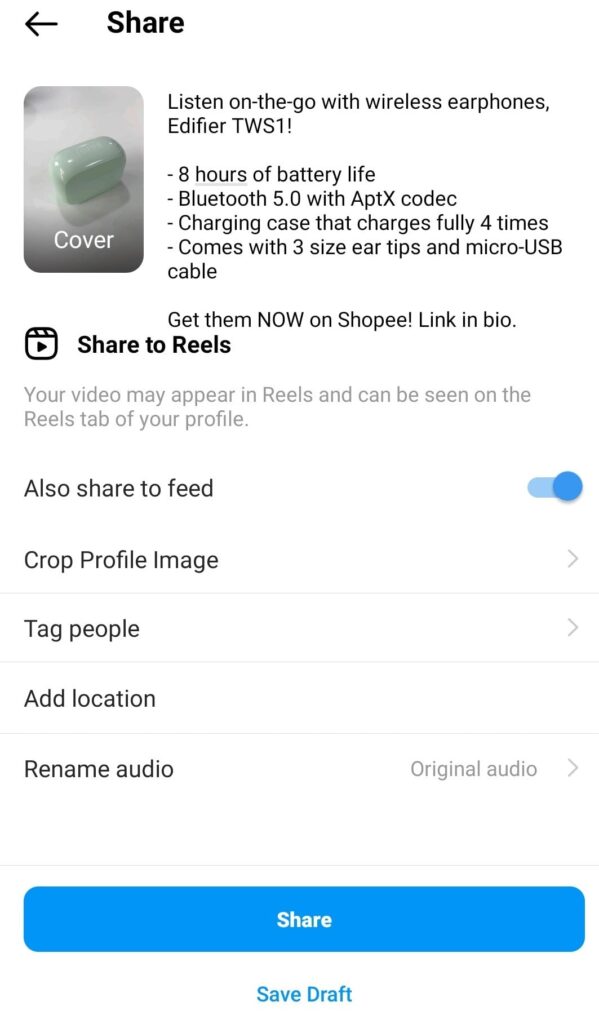 Share and Upload Instagram Reel