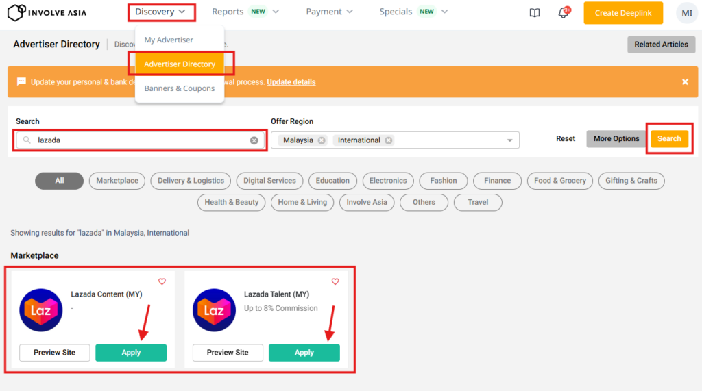 Searching for Lazada affiliate program on Involve Asia